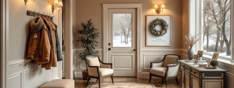 Funeral home aftercare setting: welcoming entrance with comfortable seating, bereavement support materials, and soft winter lighting, showcasing professional grief support environment.