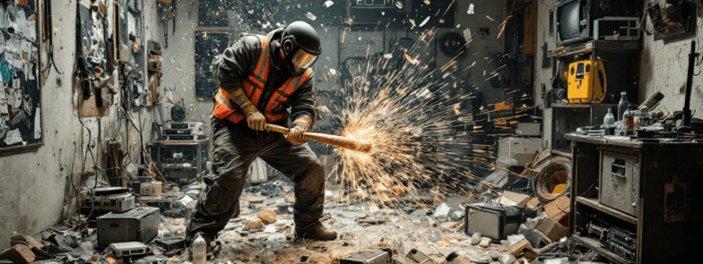 A person in protective gear using a bat to smash objects in a rage room. The room is filled with broken items like electronics and glass bottles, creating an intense yet therapeutic atmosphere.