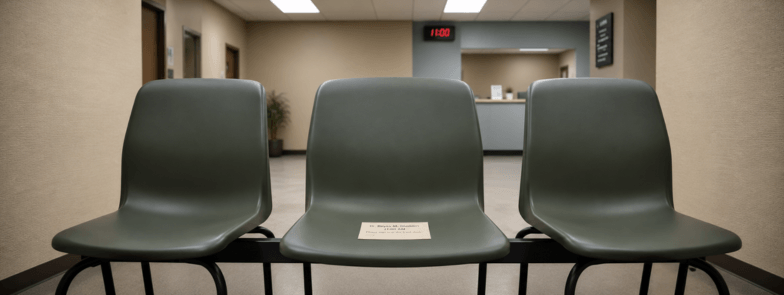 Three empty waiting-room chairs under fluorescent lights with a small envelope on the middle seat.